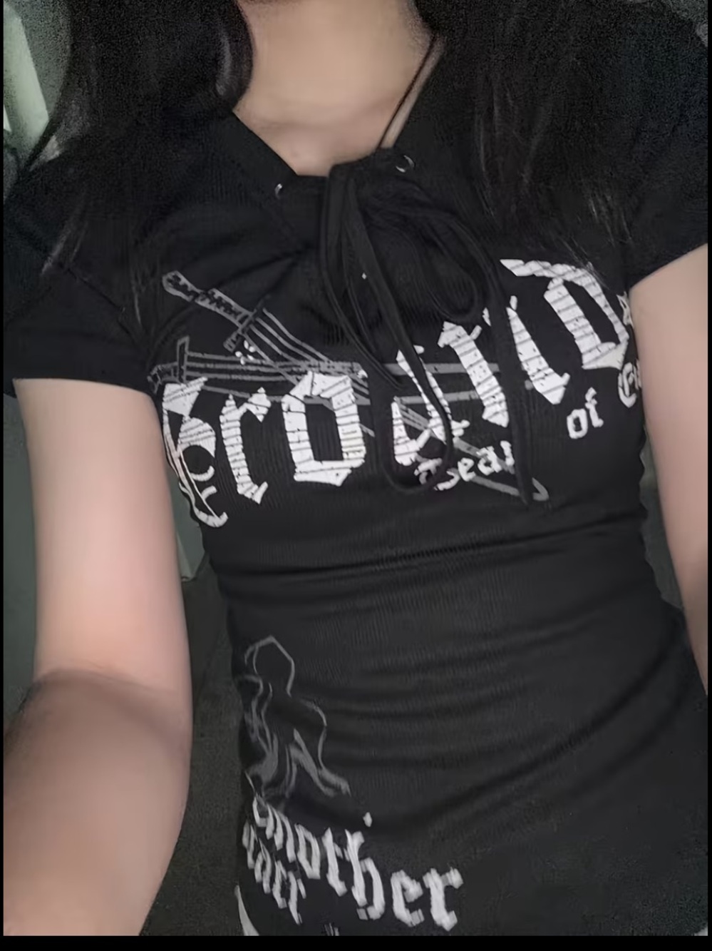 Black Lace-Up Graphic Short Sleeve Tee - Unknown Brand
